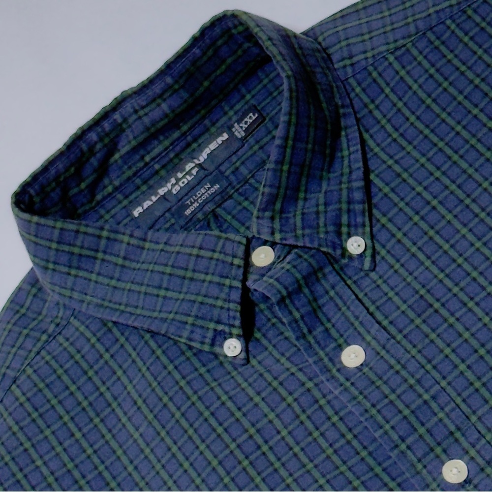 Men's Ralph Lauren Tilden Golf Shirt XXL/2XL Navy‎ & Green Plaid Soft Excellent
